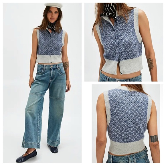 New! Free People Archie 100% cashmere Patterned Cardigan Vest 2387 - Picture 1 of 12